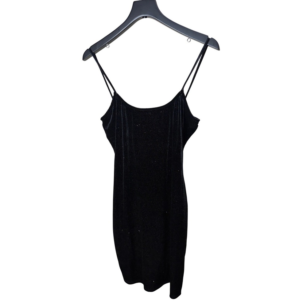 Luv Liz Y2K Black Glitter Velvet Mini Dress Spaghetti Strap Bodycon Medium